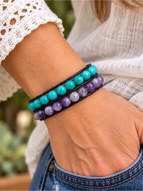 Hand Crafted Turquoise & Amethyst Bead Wrap Bracelet with Adjustable Closure